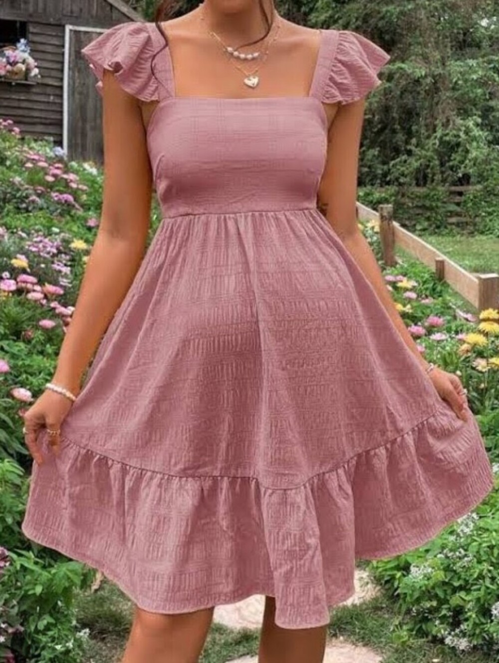 NWOT Boho Square Neck Ruffled Sleeve Dress - Dusty Rose